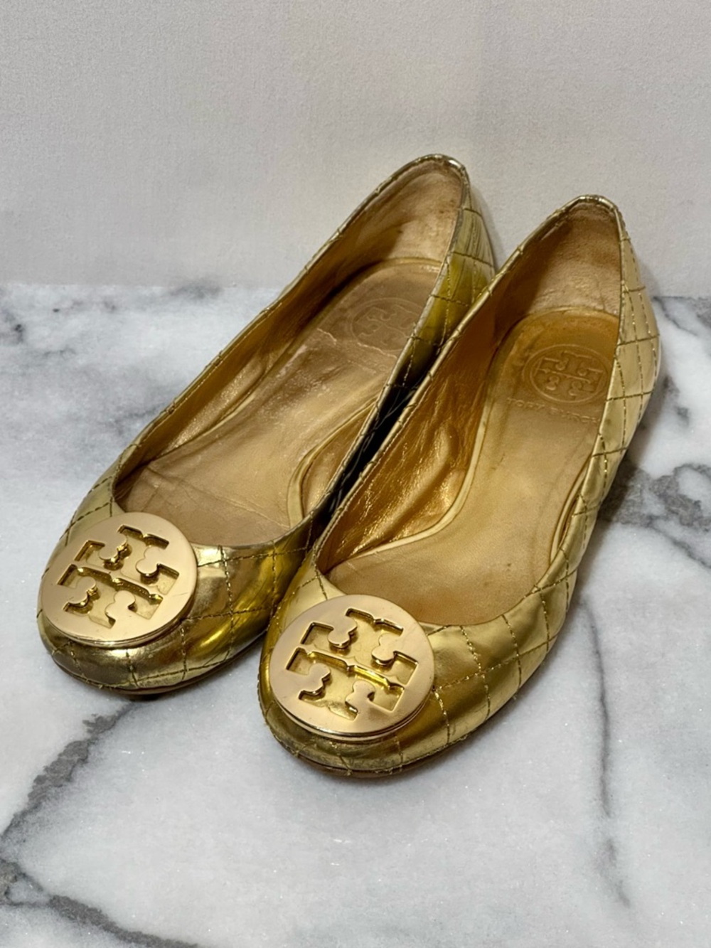 Tory Burch Quinn Metallic Gold Quilted Logo Slip-On Ballet Flats